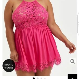 🆕 HOT PINK MESH & LACE HALTER BABYDOLL